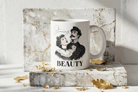 Mug blanc avec illustration vintage d'un couple et le texte "Stunning BEAUTY". Roaring 20s Paris.