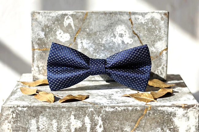 Roaring 20s Paris nœud papillon bleu marine en soie à pois blancs, accessoire de costume chic.