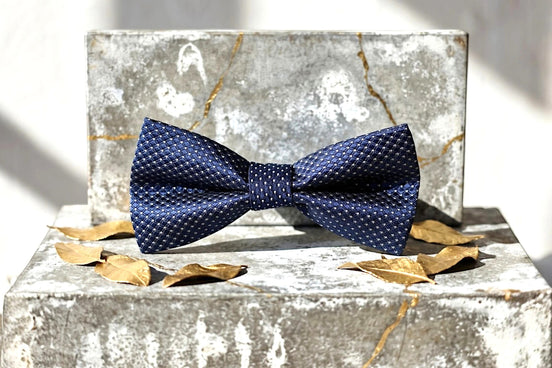 Roaring 20s Paris nœud papillon bleu marine en soie à pois blancs, accessoire de costume chic.