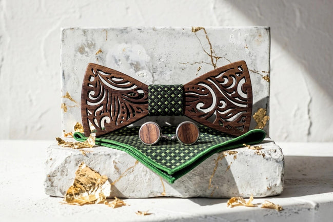 Roaring 20s Paris noeud papillon en bois sculpté vert avec boutons de manchette assortis et pochette.