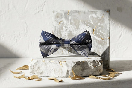 Noeud papillon Roaring 20s Paris en soie bleu et gris à carreaux, style Peaky Blinders.