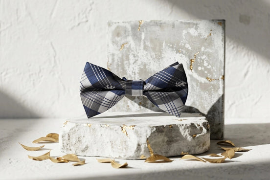 Noeud papillon Roaring 20s Paris en soie bleu et gris à carreaux, style Peaky Blinders.