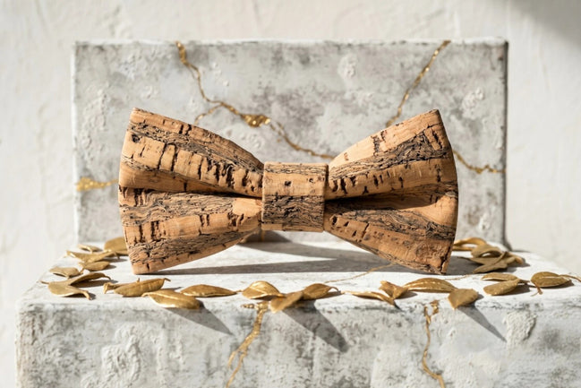 Noeud papillon Roaring 20s Paris en liège naturel, beige clair, texture bois, pour mariage civil homme ou tenue rétro.