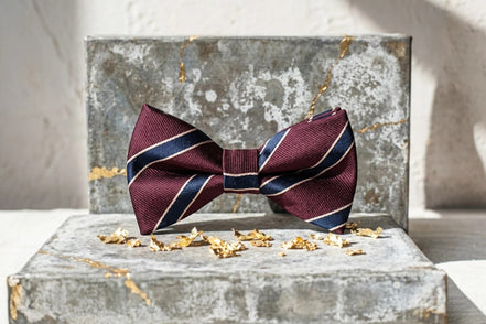 Roaring 20s Paris Nœud papillon en soie bordeaux à rayures bleues et beiges, accessoire chic pour costume.