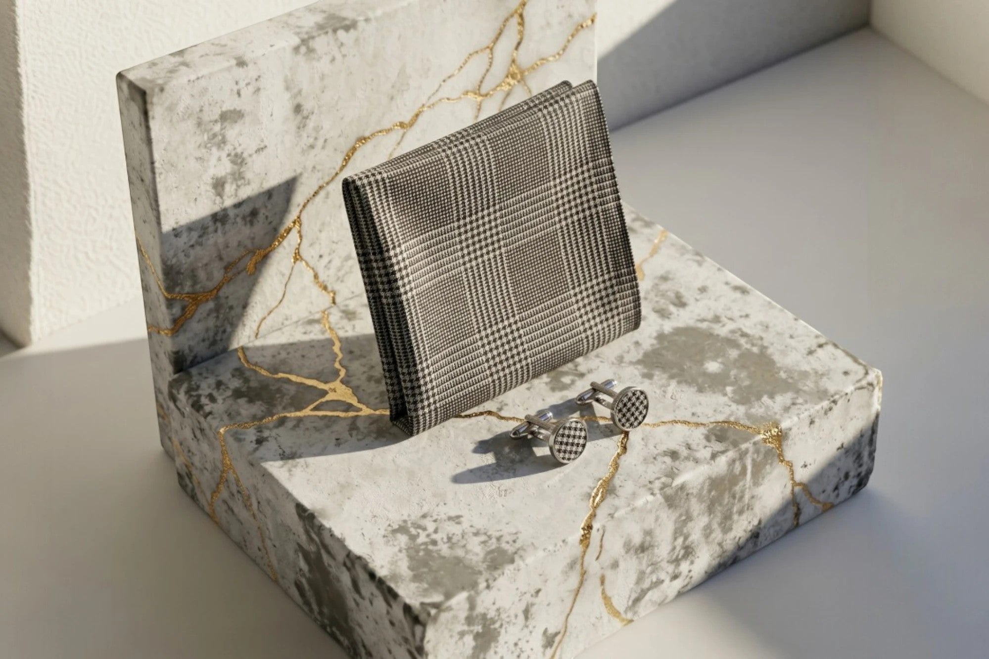 Pochette costume gris soie F motif prince-de-galles avec boutons de manchette assortis, style Peaky Blinders.
