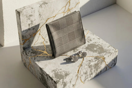 Pochette costume gris soie F motif prince-de-galles avec boutons de manchette assortis, style Peaky Blinders.