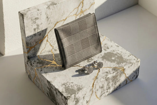 Pochette costume gris soie F motif prince-de-galles avec boutons de manchette assortis, style Peaky Blinders.