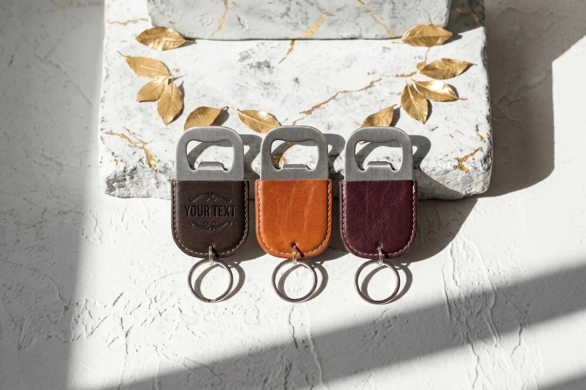 Porte-clés décapsuleur Roaring 20s Paris en cuir marron foncé, orange et bordeaux avec anneau. Personnalisable.