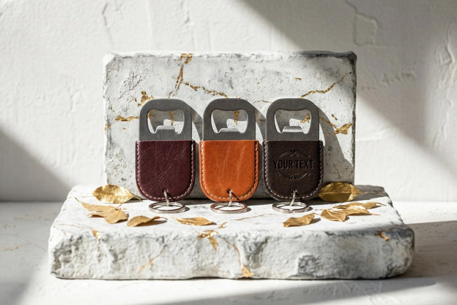 Porte-clés décapsuleur en cuir personnalisable Roaring 20s Paris, disponible en bordeaux, orange et marron foncé.
