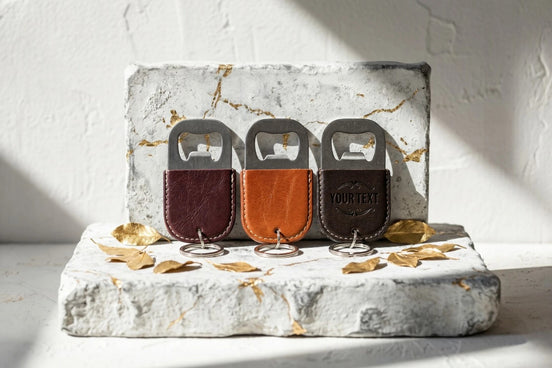 Porte-clés décapsuleur en cuir personnalisable Roaring 20s Paris, disponible en bordeaux, orange et marron foncé.