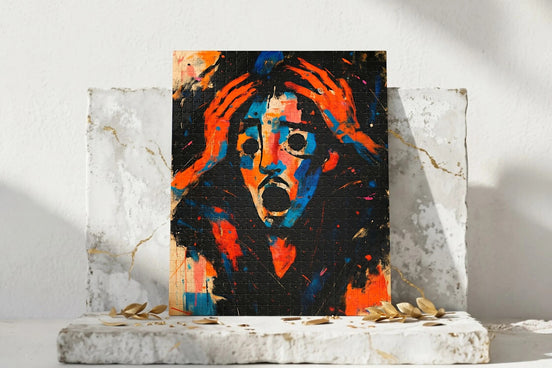 Puzzle 500 pièces Roaring 20s Paris, art expressionniste, visage criant, couleurs vives, carton épais