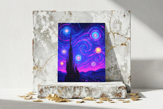 Puzzle 500 pièces Roaring 20s Paris Nuit Étoilée, style Van Gogh, couleurs bleues et violettes vives, art abstrait.