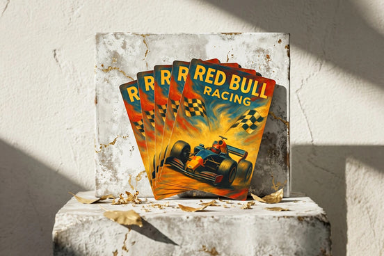 Jeu de cartes poker Roaring 20s Paris Red Bull Ford F1, illustration vintage d'une monoplace et drapeaux à damiers.