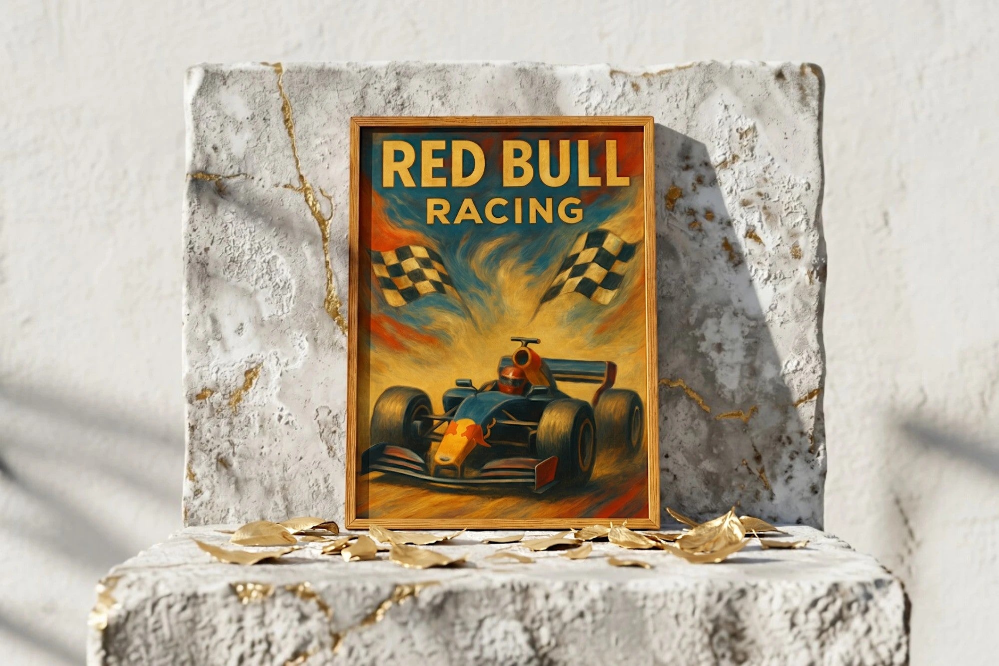 Affiche Redbull Racing F1 vintage, voiture de course bleue et jaune avec drapeaux à damier, style rétro, Roaring 20s Paris