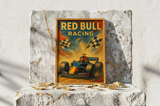 Affiche Redbull Racing F1 vintage, voiture de course bleue et jaune avec drapeaux à damier, style rétro, Roaring 20s Paris