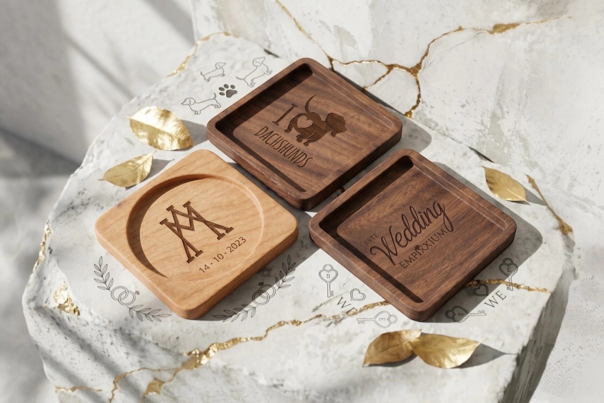 Roaring 20s Paris sous-verre personnalisé en bois gravé avec monogramme, date, 
