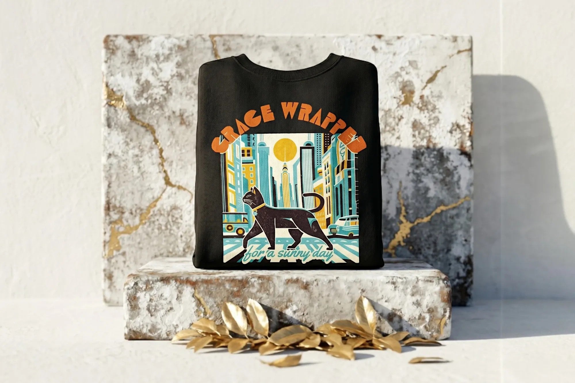Roaring 20s Paris sweat col rond noir avec illustration de chat noir dans une ville ensoleillée et chat blanc dans un ciel étoilé.