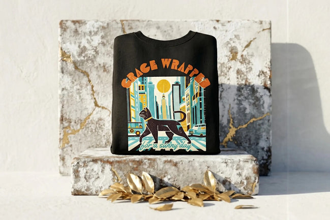 Roaring 20s Paris sweat col rond noir avec illustration de chat noir dans une ville ensoleillée et chat blanc dans un ciel étoilé.