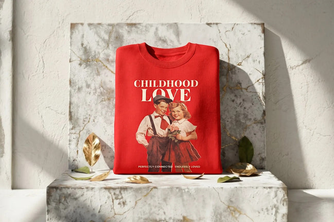 Roaring 20s Paris sweat rouge avec illustration vintage d'un couple d'enfants "Childhood Love"