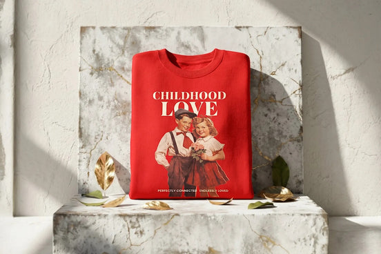Roaring 20s Paris sweat rouge avec illustration vintage d'un couple d'enfants "Childhood Love"