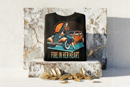 Roaring 20s Paris sweat noir avec illustration vintage d'une femme près d'une voiture orange et texte "Fire in Her Heart."