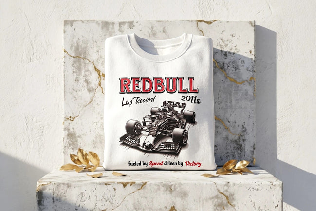 Sweatshirt blanc Roaring 20s Paris avec imprimé Redbull F1 et voiture de course, style vintage.