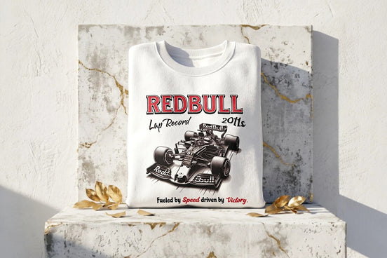 Sweatshirt blanc Roaring 20s Paris avec imprimé Redbull F1 et voiture de course, style vintage.