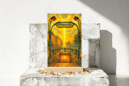 Tableau vintage Roaring 20s Paris, entrée de métro parisien style Art Nouveau, ambiance dorée et romantique.