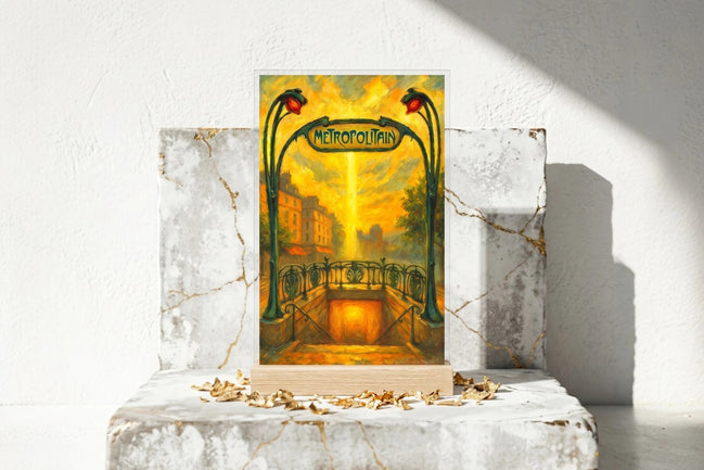 Tableau vintage Roaring 20s Paris, entrée de métro parisien style Art Nouveau, ambiance dorée et romantique.