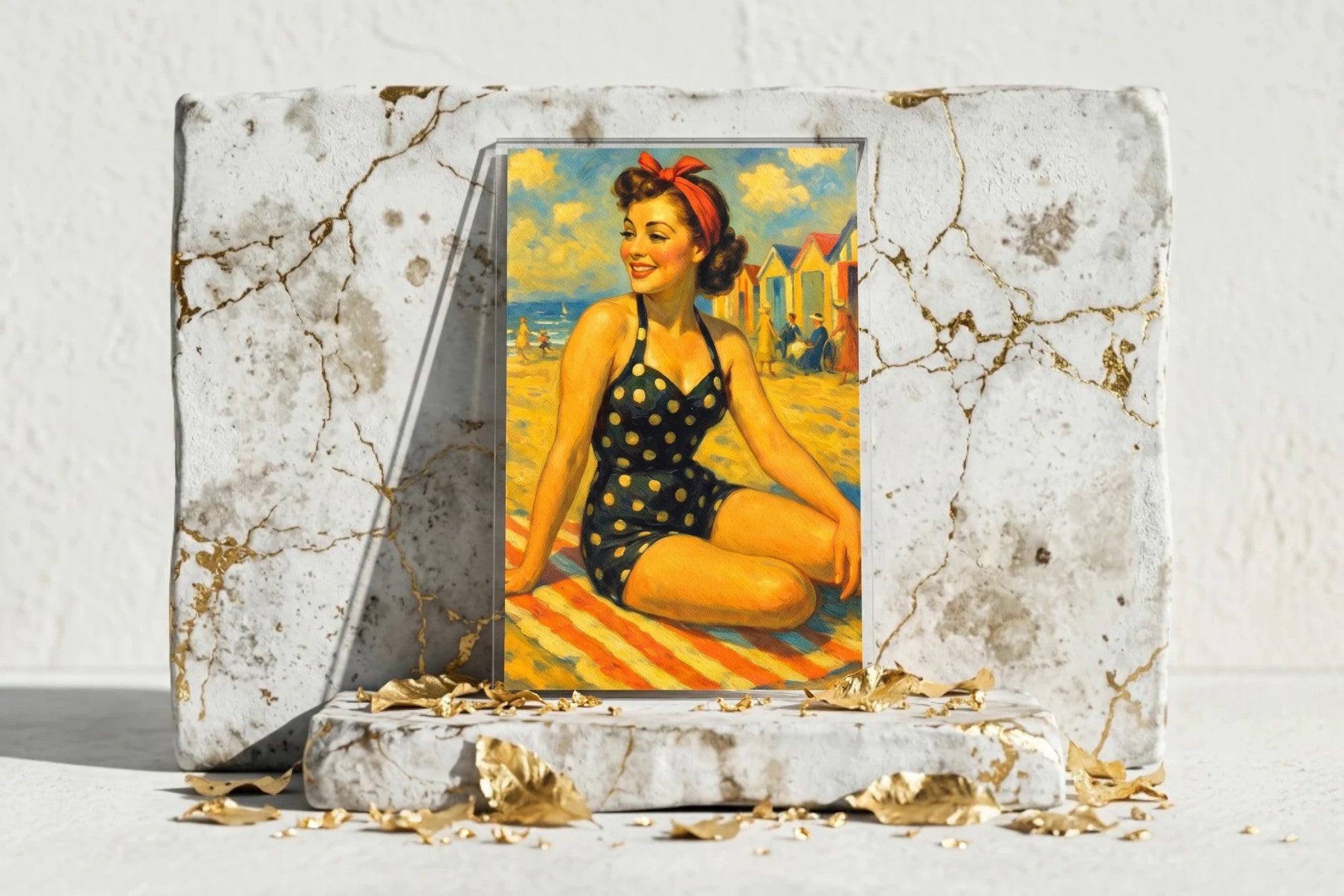 Roaring 20s Paris : femme pin-up rétro en maillot à pois noirs et blancs, sur une serviette rayée, plage avec cabines colorées. Impression sur acrylique.