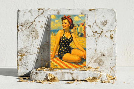 Roaring 20s Paris : femme pin-up rétro en maillot à pois noirs et blancs, sur une serviette rayée, plage avec cabines colorées. Impression sur acrylique.