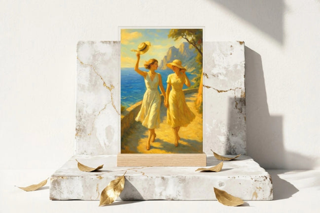 Roaring 20s Paris : tableau vintage romantique d'amitié, deux femmes en robes d'été sur un sentier côtier ensoleillé, mer bleue, falaises.