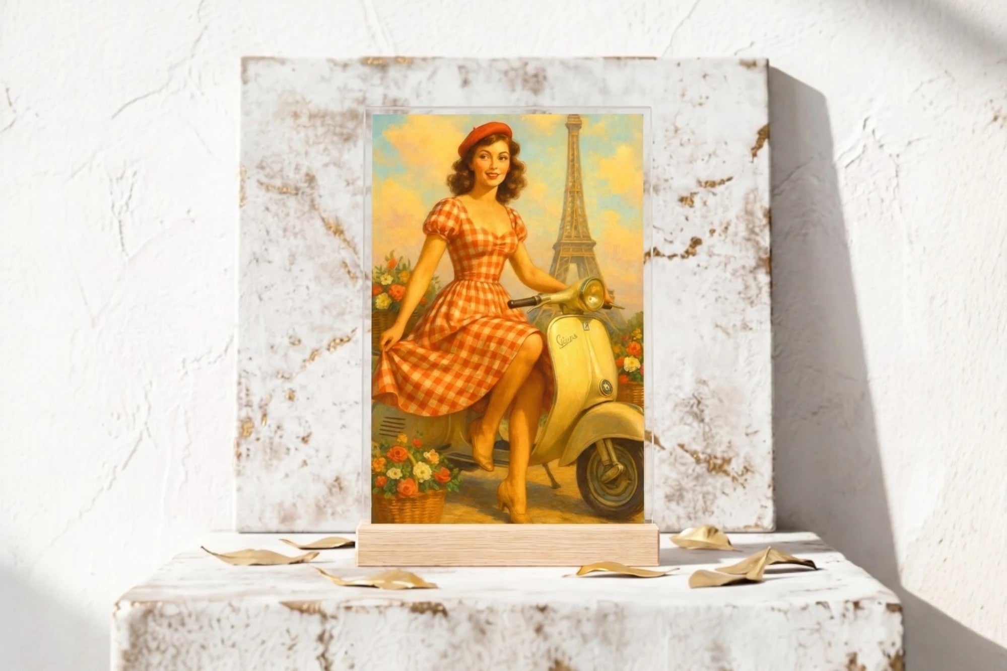 Tableau vintage Paris Vespa : femme en robe à carreaux rouges sur scooter crème, Tour Eiffel et fleurs. Style rétro.