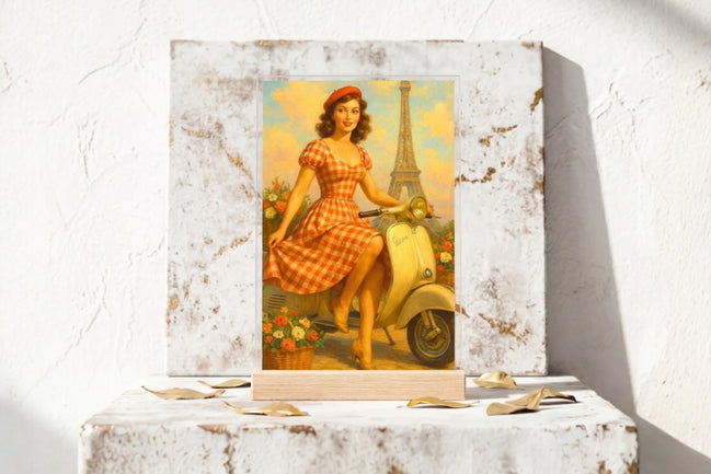 Tableau vintage Paris Vespa : femme en robe à carreaux rouges sur scooter crème, Tour Eiffel et fleurs. Style rétro.