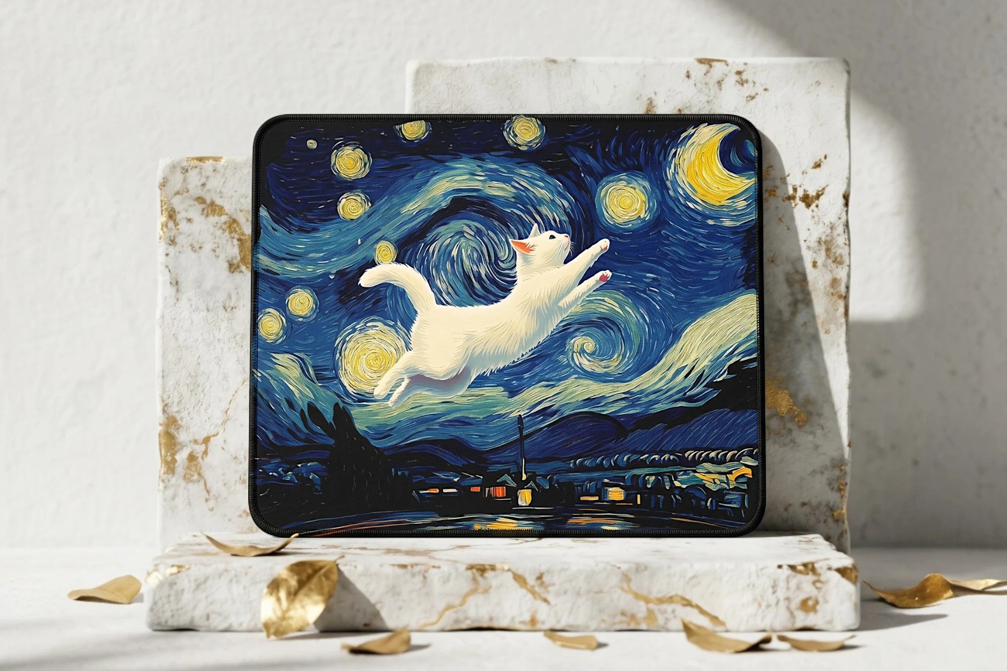 Tapis de souris Roaring 20s Paris, chat blanc sautant dans la Nuit étoilée de Van Gogh, impression artistique