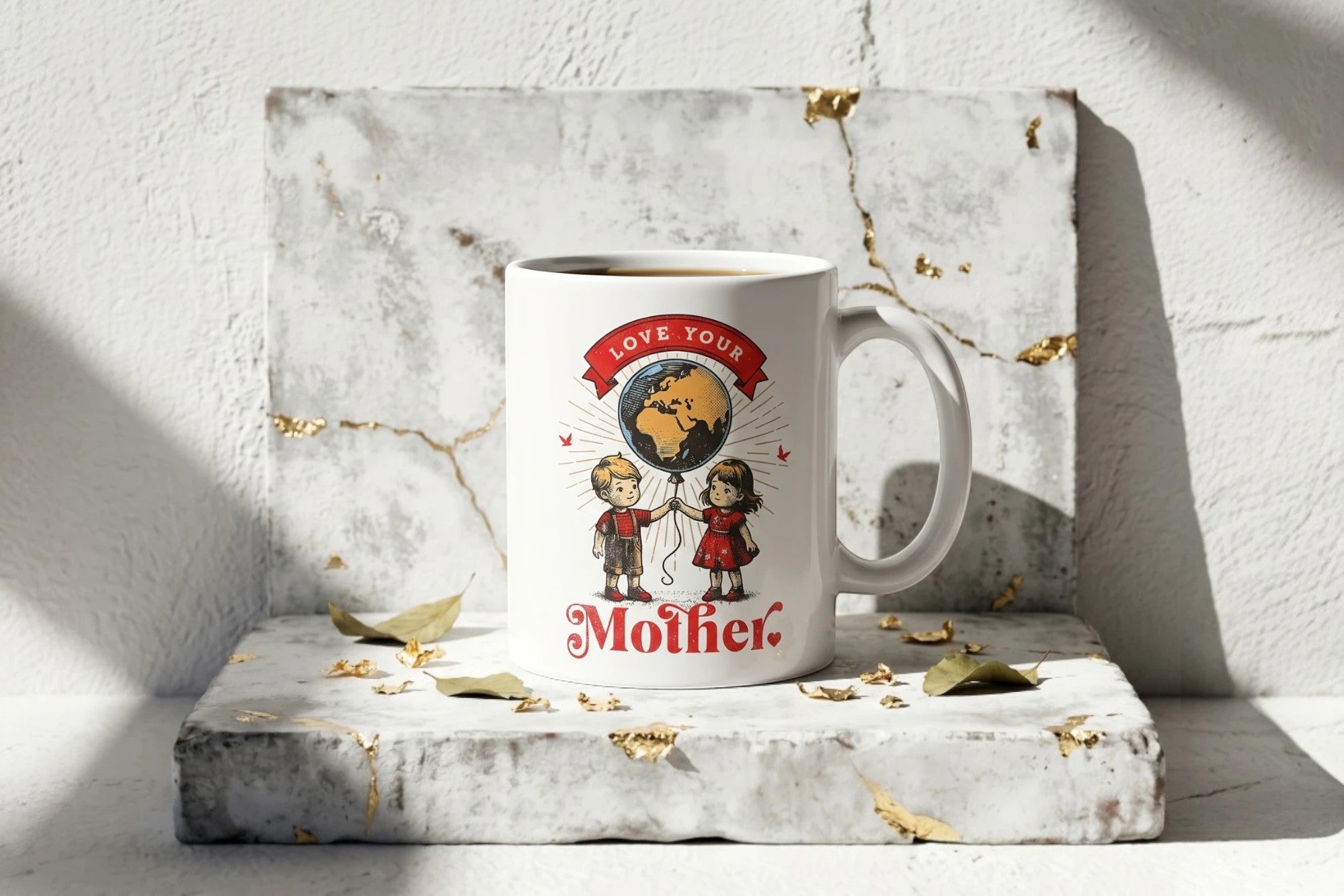 Tasse blanche Roaring 20s Paris avec illustration vintage d'enfants tenant un ballon Terre, message 
