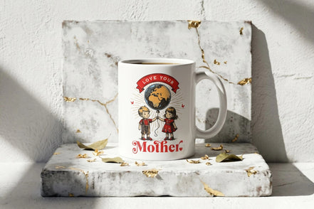 Tasse blanche Roaring 20s Paris avec illustration vintage d'enfants tenant un ballon Terre, message "Love Your Mother".