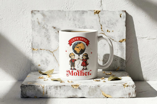 Tasse blanche Roaring 20s Paris avec illustration vintage d'enfants tenant un ballon Terre, message "Love Your Mother".