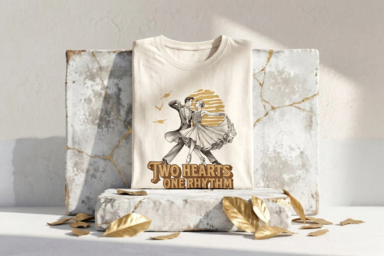 Tee shirt oversize en coton écru Roaring 20s Paris avec illustration vintage de couple dansant et texte "Two Hearts One Rhythm".