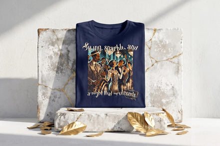 Tee shirt bleu marine Roaring 20s Paris avec illustration jazz années 20, orchestre et danseurs, coton premium.