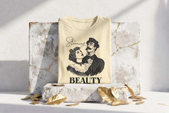 Tee shirt oversize en coton beige de Roaring 20s Paris avec illustration vintage d'un couple et le mot BEAUTY.