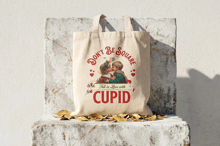 Tote bag en toile beige Roaring 20s Paris avec illustration vintage d'un couple d'enfants s'embrassant et le texte "Fall in Love with Cupid".