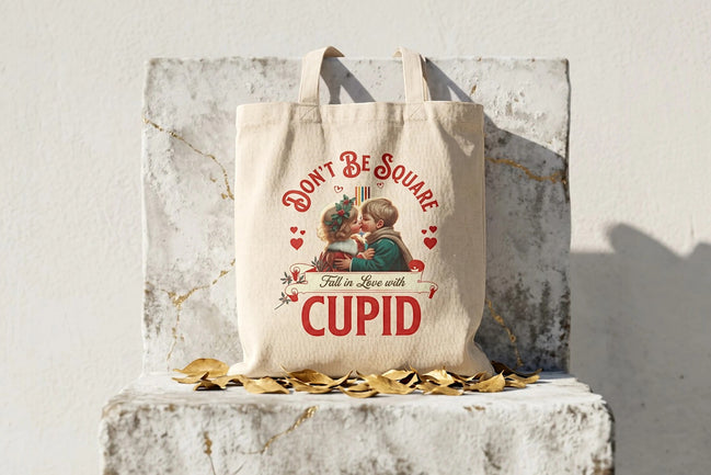 Tote bag en toile beige Roaring 20s Paris avec illustration vintage d'un couple d'enfants s'embrassant et le texte "Fall in Love with Cupid".