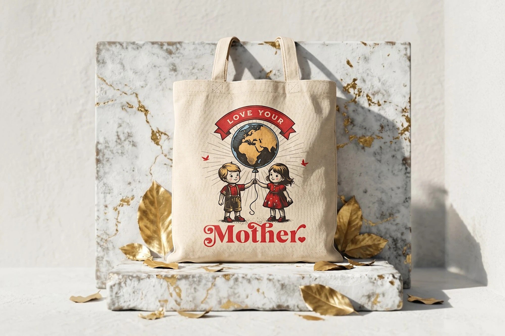 Tote bag en toile beige Roaring 20s Paris avec illustration vintage d'enfants tenant un globe 