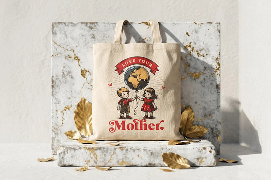 Tote bag en toile beige Roaring 20s Paris avec illustration vintage d'enfants tenant un globe "Love Your Mother".