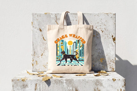 Tote bag en toile de coton beige avec un chat noir traversant une rue de ville stylisée, Roaring 20s Paris.