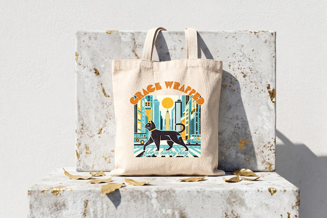 Tote bag en toile de coton beige avec un chat noir traversant une rue de ville stylisée, Roaring 20s Paris.