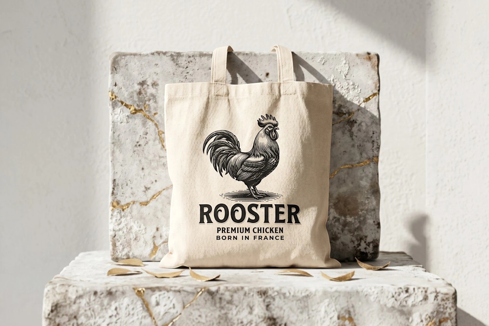 Tote bag en toile beige Roaring 20s Paris avec illustration vintage d'un coq noir et blanc et texte 'Rooster Premium Chicken Born in France'.