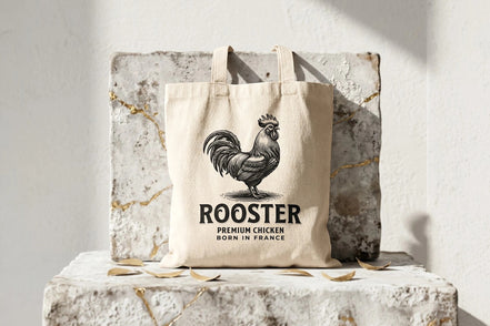 Tote bag en toile beige Roaring 20s Paris avec illustration vintage d'un coq noir et blanc et texte 'Rooster Premium Chicken Born in France'.