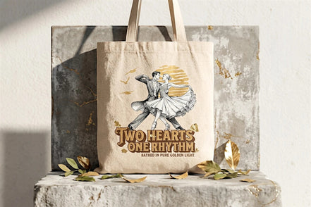 Tote bag en toile beige Roaring 20s Paris avec illustration vintage d'un couple dansant, texte "Two Hearts One Rhythm"